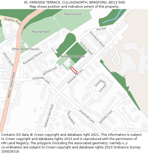 35, PARKSIDE TERRACE, CULLINGWORTH, BRADFORD, BD13 5AD: Location map and indicative extent of plot