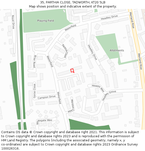 35, PARTHIA CLOSE, TADWORTH, KT20 5LB: Location map and indicative extent of plot