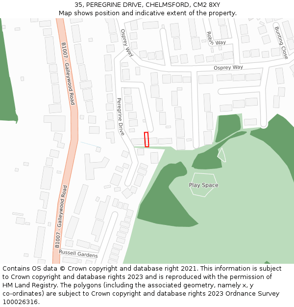 35, PEREGRINE DRIVE, CHELMSFORD, CM2 8XY: Location map and indicative extent of plot
