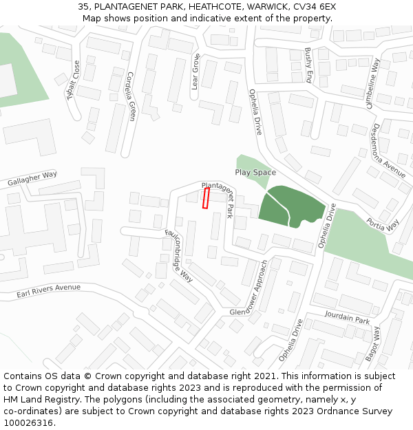 35, PLANTAGENET PARK, HEATHCOTE, WARWICK, CV34 6EX: Location map and indicative extent of plot