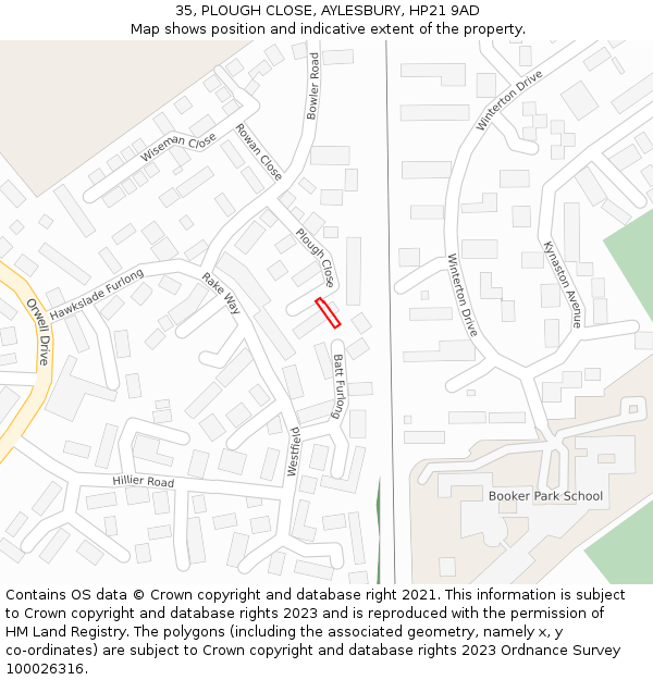 35, PLOUGH CLOSE, AYLESBURY, HP21 9AD: Location map and indicative extent of plot