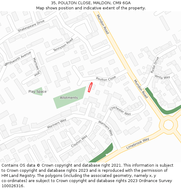 35, POULTON CLOSE, MALDON, CM9 6GA: Location map and indicative extent of plot