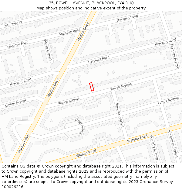 35, POWELL AVENUE, BLACKPOOL, FY4 3HQ: Location map and indicative extent of plot