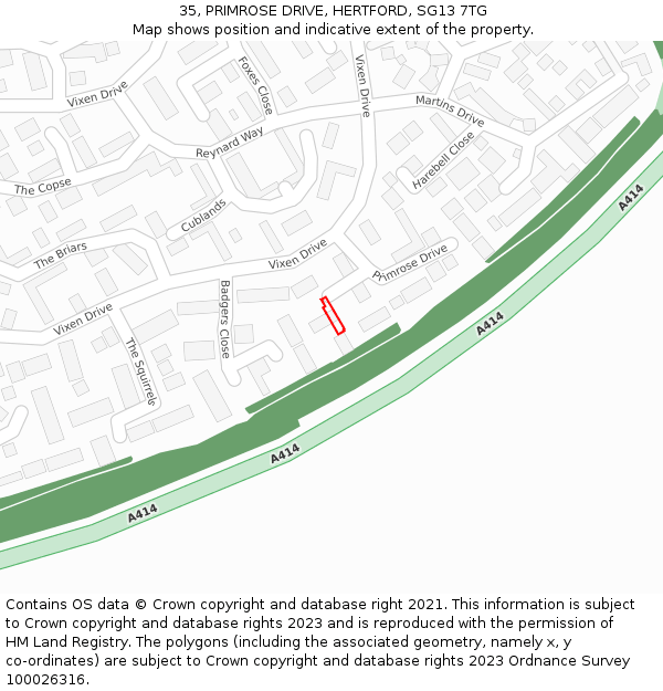 35, PRIMROSE DRIVE, HERTFORD, SG13 7TG: Location map and indicative extent of plot