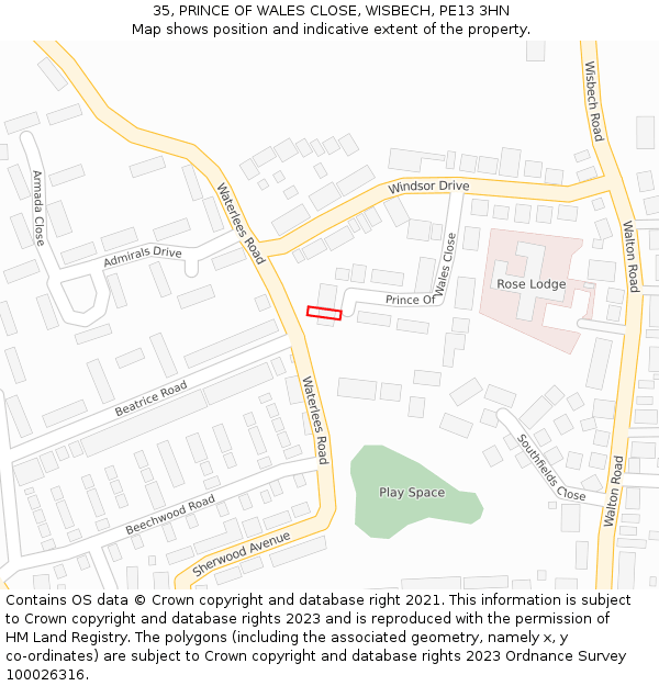 35, PRINCE OF WALES CLOSE, WISBECH, PE13 3HN: Location map and indicative extent of plot