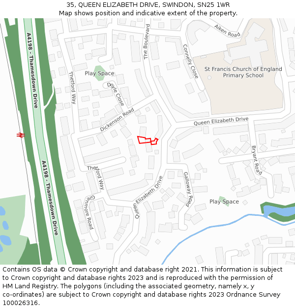 35, QUEEN ELIZABETH DRIVE, SWINDON, SN25 1WR: Location map and indicative extent of plot