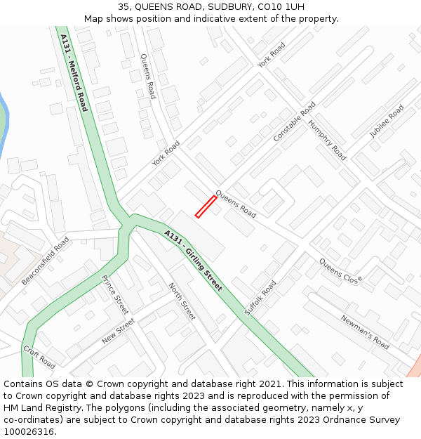 35, QUEENS ROAD, SUDBURY, CO10 1UH: Location map and indicative extent of plot