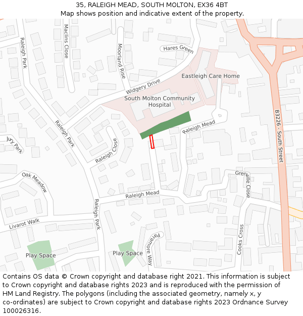 35, RALEIGH MEAD, SOUTH MOLTON, EX36 4BT: Location map and indicative extent of plot