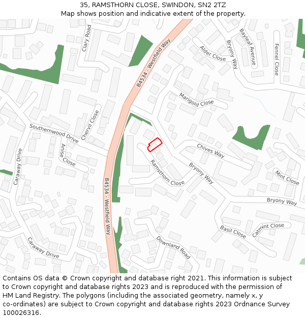 35, RAMSTHORN CLOSE, SWINDON, SN2 2TZ: Location map and indicative extent of plot