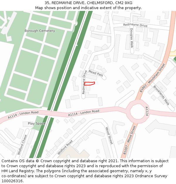 35, REDMAYNE DRIVE, CHELMSFORD, CM2 9XG: Location map and indicative extent of plot