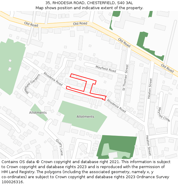 35, RHODESIA ROAD, CHESTERFIELD, S40 3AL: Location map and indicative extent of plot