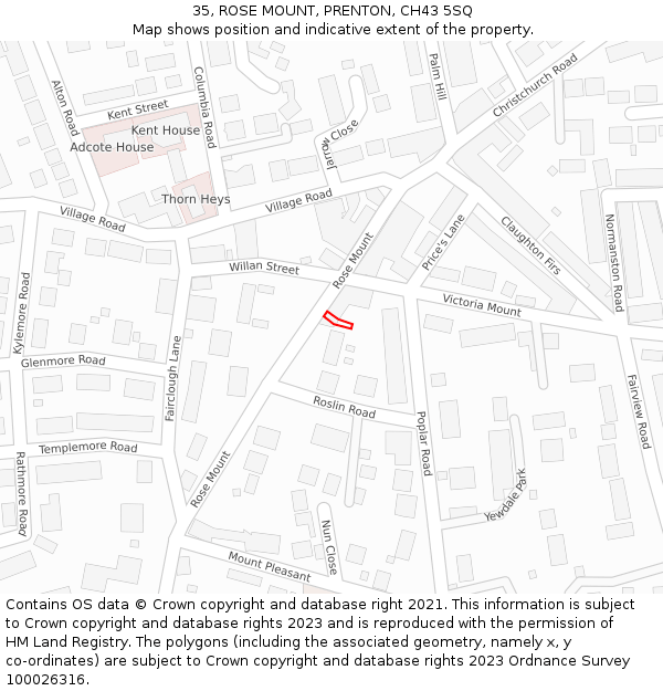 35, ROSE MOUNT, PRENTON, CH43 5SQ: Location map and indicative extent of plot