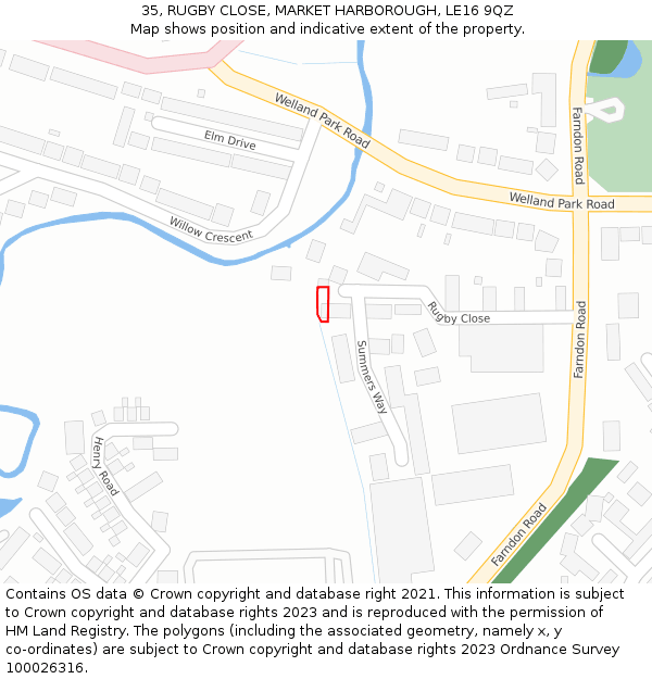 35, RUGBY CLOSE, MARKET HARBOROUGH, LE16 9QZ: Location map and indicative extent of plot