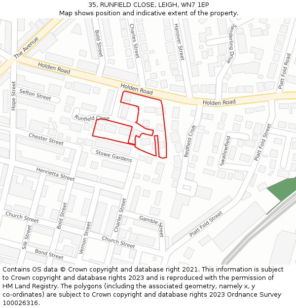 35, RUNFIELD CLOSE, LEIGH, WN7 1EP: Location map and indicative extent of plot