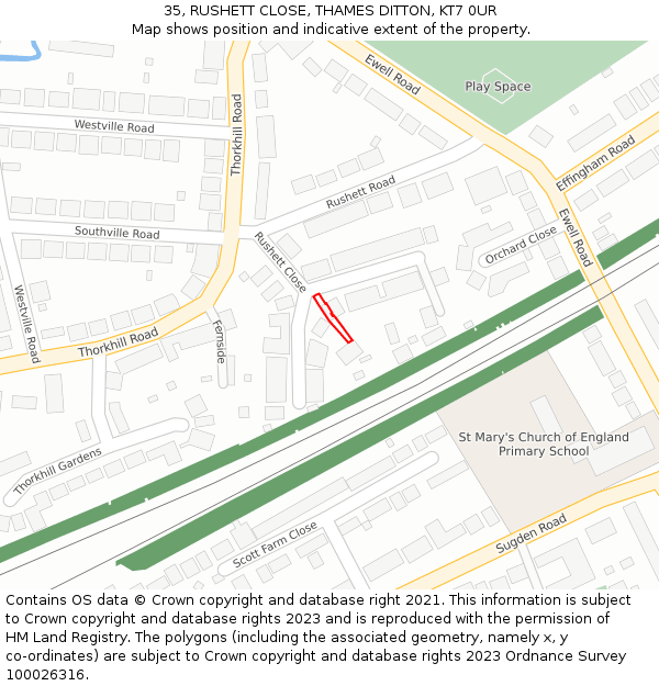 35, RUSHETT CLOSE, THAMES DITTON, KT7 0UR: Location map and indicative extent of plot