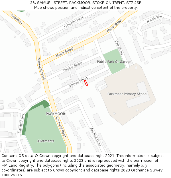 35, SAMUEL STREET, PACKMOOR, STOKE-ON-TRENT, ST7 4SR: Location map and indicative extent of plot
