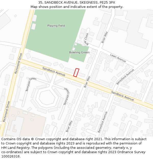 35, SANDBECK AVENUE, SKEGNESS, PE25 3PX: Location map and indicative extent of plot