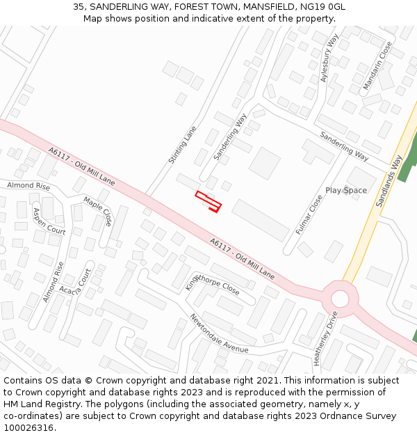 35, SANDERLING WAY, FOREST TOWN, MANSFIELD, NG19 0GL: Location map and indicative extent of plot