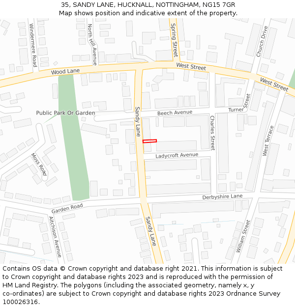 35, SANDY LANE, HUCKNALL, NOTTINGHAM, NG15 7GR: Location map and indicative extent of plot