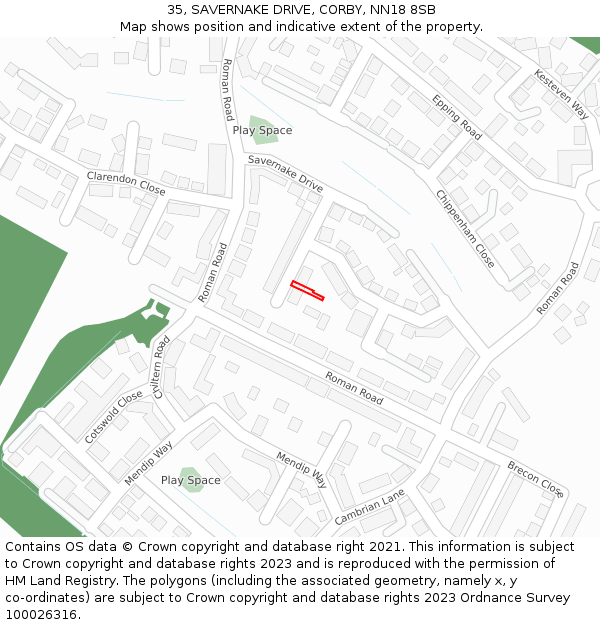 35, SAVERNAKE DRIVE, CORBY, NN18 8SB: Location map and indicative extent of plot