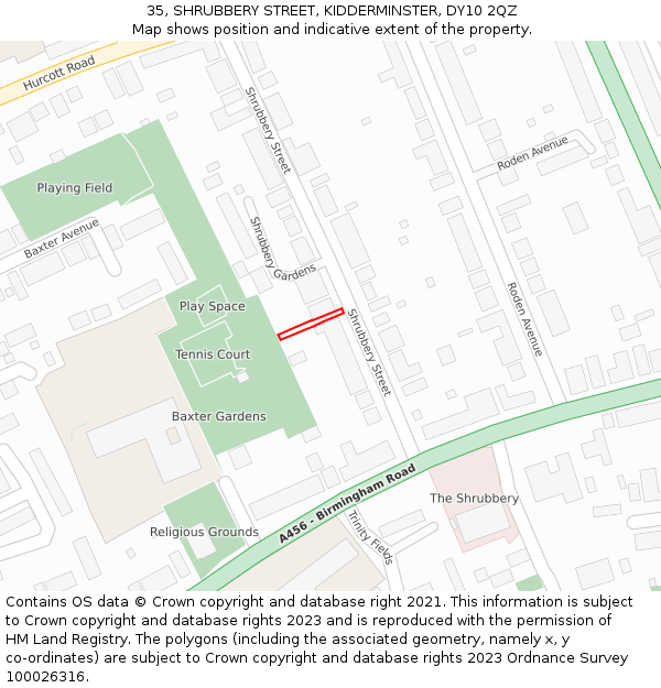 35, SHRUBBERY STREET, KIDDERMINSTER, DY10 2QZ: Location map and indicative extent of plot