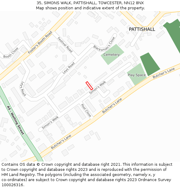35, SIMONS WALK, PATTISHALL, TOWCESTER, NN12 8NX: Location map and indicative extent of plot