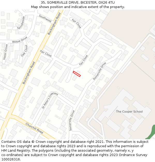 35, SOMERVILLE DRIVE, BICESTER, OX26 4TU: Location map and indicative extent of plot