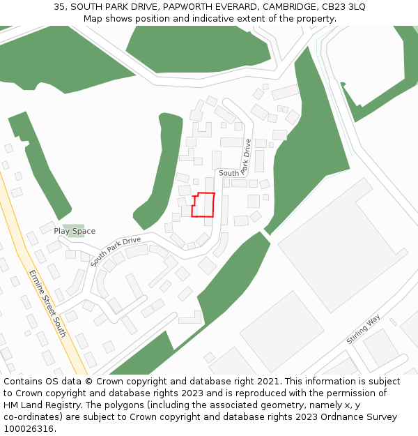 35, SOUTH PARK DRIVE, PAPWORTH EVERARD, CAMBRIDGE, CB23 3LQ: Location map and indicative extent of plot