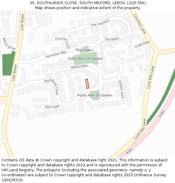 35, SOUTHLANDS CLOSE, SOUTH MILFORD, LEEDS, LS25 5NU: Location map and indicative extent of plot