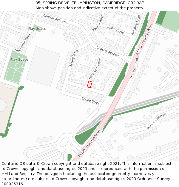 35, SPRING DRIVE, TRUMPINGTON, CAMBRIDGE, CB2 9AB: Location map and indicative extent of plot