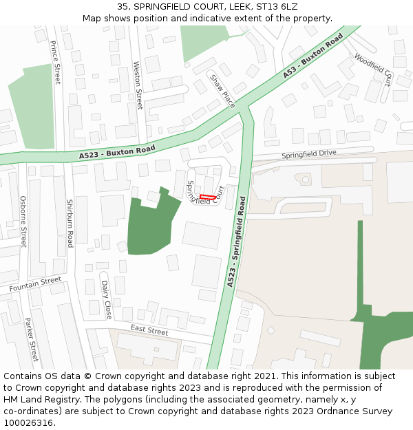 35, SPRINGFIELD COURT, LEEK, ST13 6LZ: Location map and indicative extent of plot