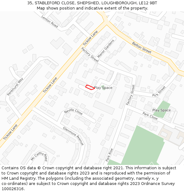35, STABLEFORD CLOSE, SHEPSHED, LOUGHBOROUGH, LE12 9BT: Location map and indicative extent of plot