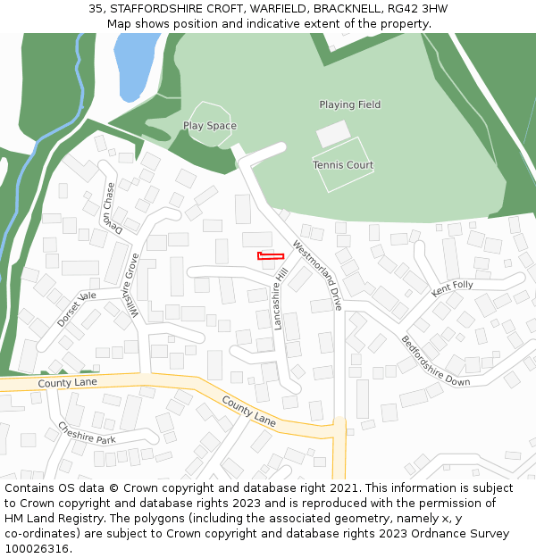 35, STAFFORDSHIRE CROFT, WARFIELD, BRACKNELL, RG42 3HW: Location map and indicative extent of plot