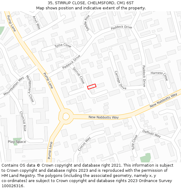 35, STIRRUP CLOSE, CHELMSFORD, CM1 6ST: Location map and indicative extent of plot