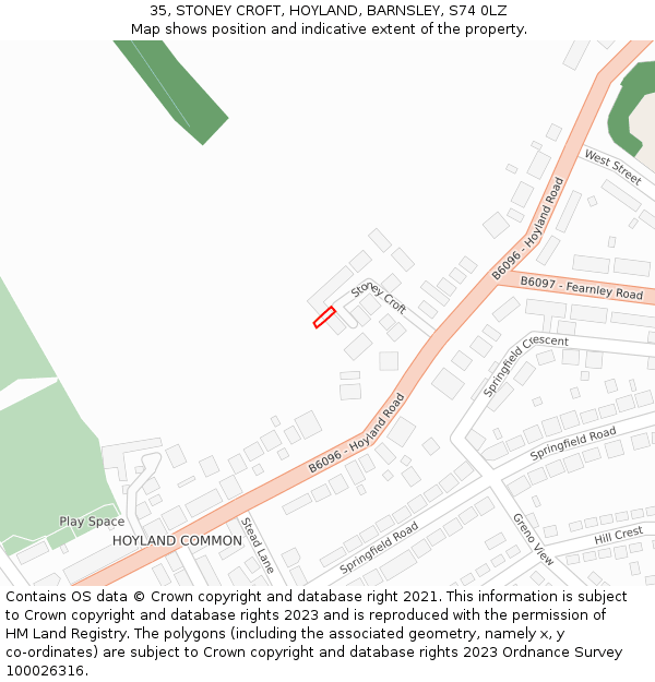 35, STONEY CROFT, HOYLAND, BARNSLEY, S74 0LZ: Location map and indicative extent of plot