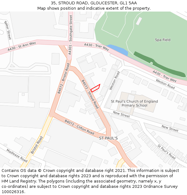 35, STROUD ROAD, GLOUCESTER, GL1 5AA: Location map and indicative extent of plot