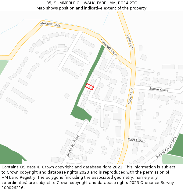 35, SUMMERLEIGH WALK, FAREHAM, PO14 2TG: Location map and indicative extent of plot