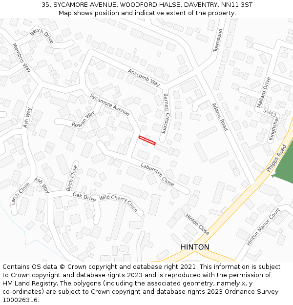 35, SYCAMORE AVENUE, WOODFORD HALSE, DAVENTRY, NN11 3ST: Location map and indicative extent of plot