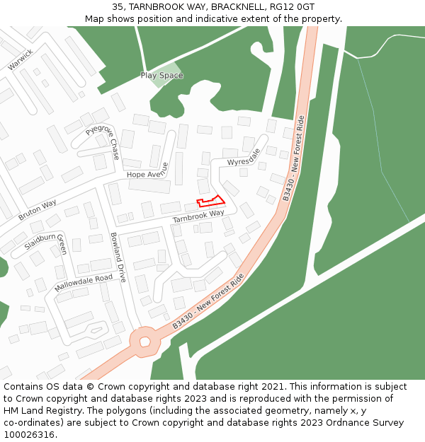 35, TARNBROOK WAY, BRACKNELL, RG12 0GT: Location map and indicative extent of plot