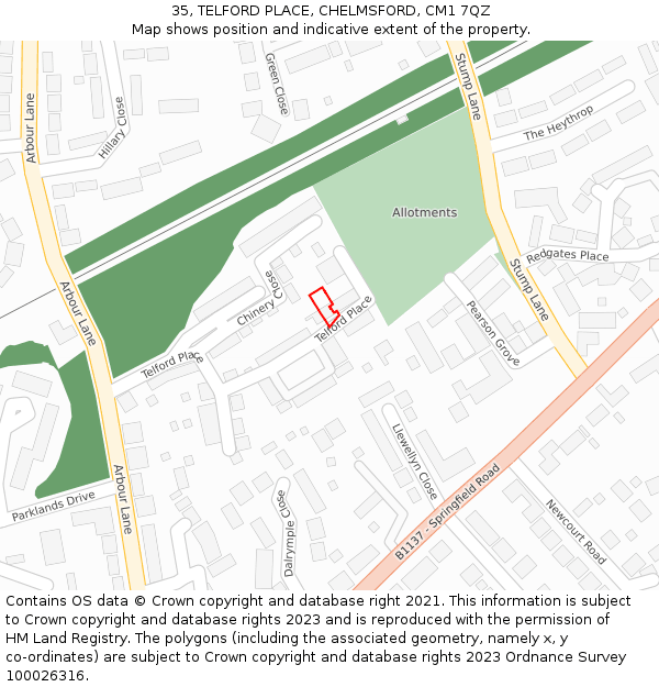 35, TELFORD PLACE, CHELMSFORD, CM1 7QZ: Location map and indicative extent of plot