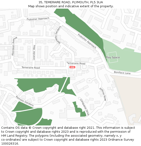 35, TEMERAIRE ROAD, PLYMOUTH, PL5 3UA: Location map and indicative extent of plot