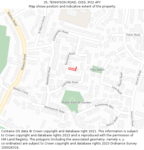 35, TENNYSON ROAD, DISS, IP22 4PY: Location map and indicative extent of plot