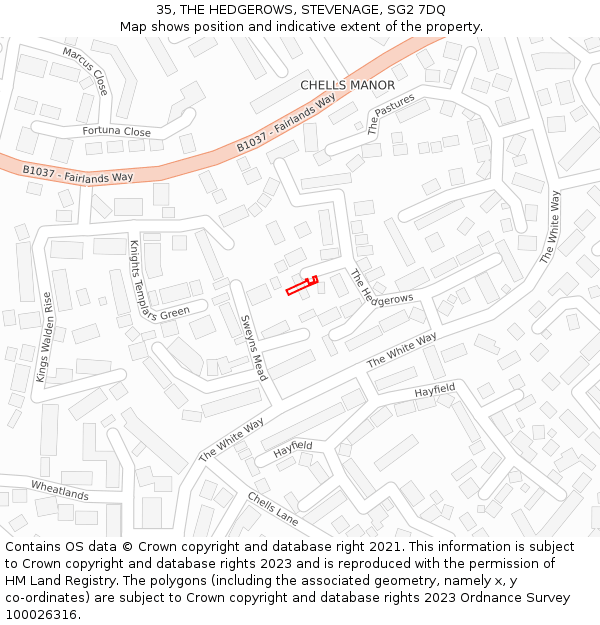 35, THE HEDGEROWS, STEVENAGE, SG2 7DQ: Location map and indicative extent of plot