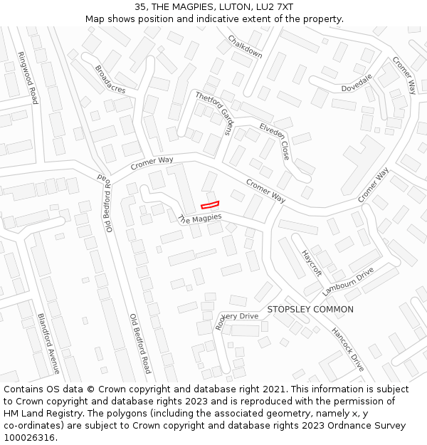 35, THE MAGPIES, LUTON, LU2 7XT: Location map and indicative extent of plot