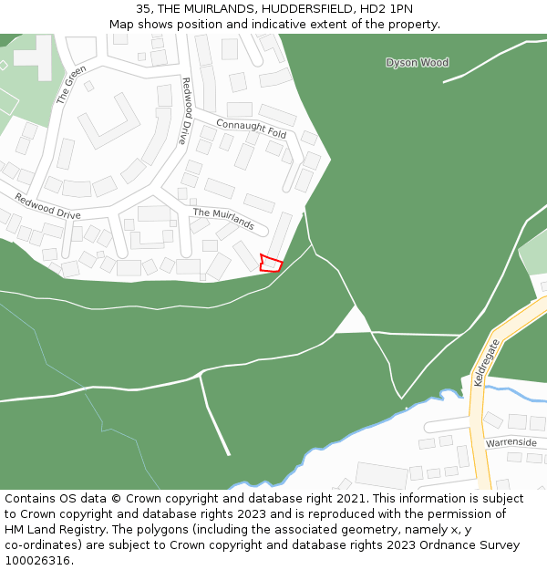 35, THE MUIRLANDS, HUDDERSFIELD, HD2 1PN: Location map and indicative extent of plot