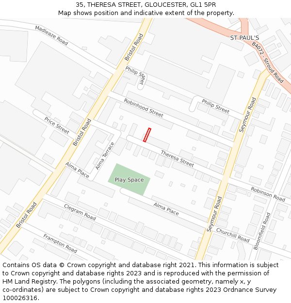 35, THERESA STREET, GLOUCESTER, GL1 5PR: Location map and indicative extent of plot