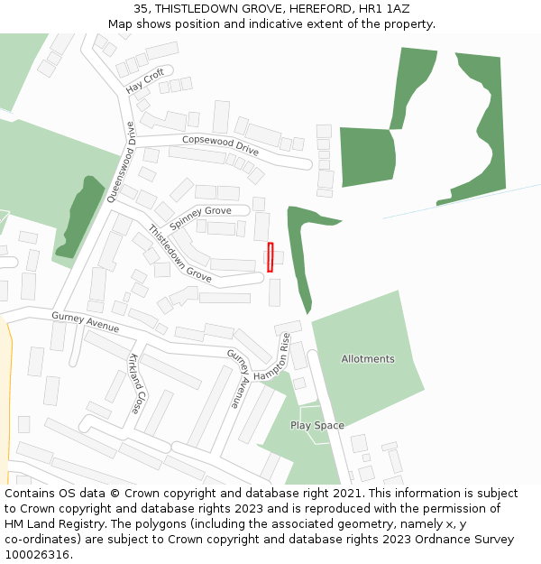 35, THISTLEDOWN GROVE, HEREFORD, HR1 1AZ: Location map and indicative extent of plot