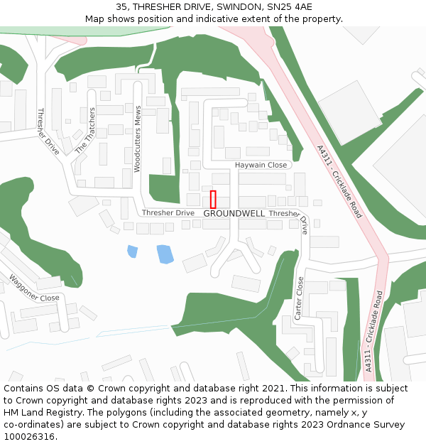 35, THRESHER DRIVE, SWINDON, SN25 4AE: Location map and indicative extent of plot