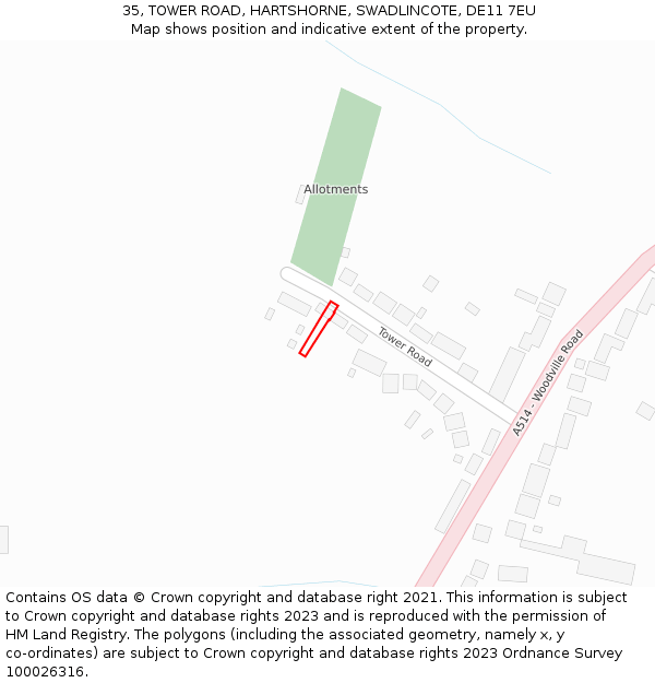 35, TOWER ROAD, HARTSHORNE, SWADLINCOTE, DE11 7EU: Location map and indicative extent of plot