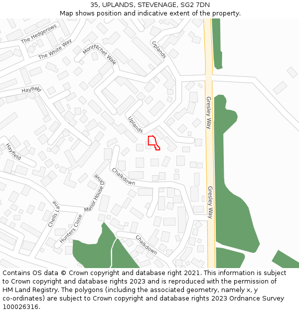 35, UPLANDS, STEVENAGE, SG2 7DN: Location map and indicative extent of plot